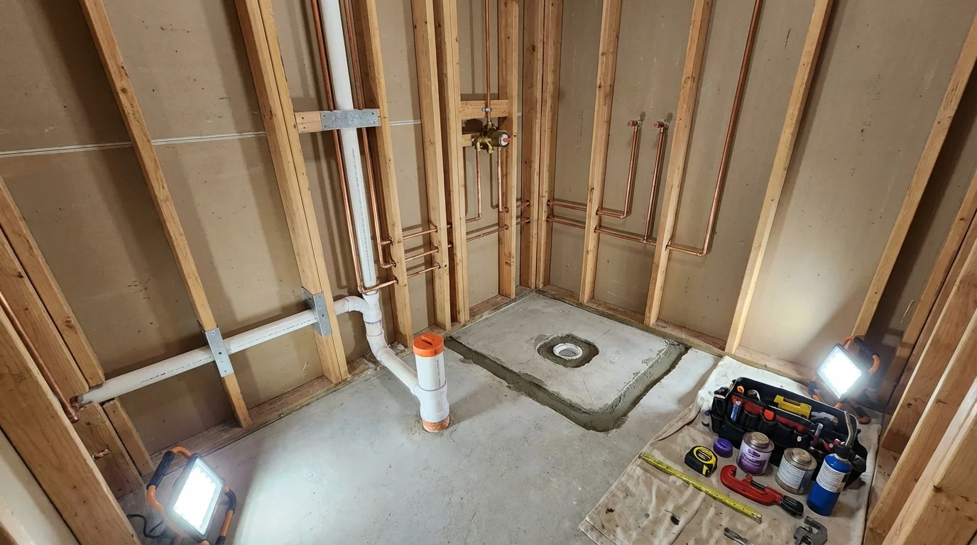 Bathroom rough-in plumbing during remodel by Johns Plumbing LLC in Mastic