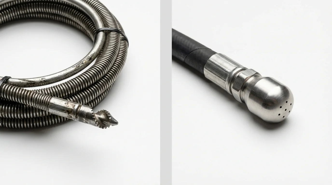 Drain snake cable and hydro jetting nozzle used for drain cleaning in Mastic, NY