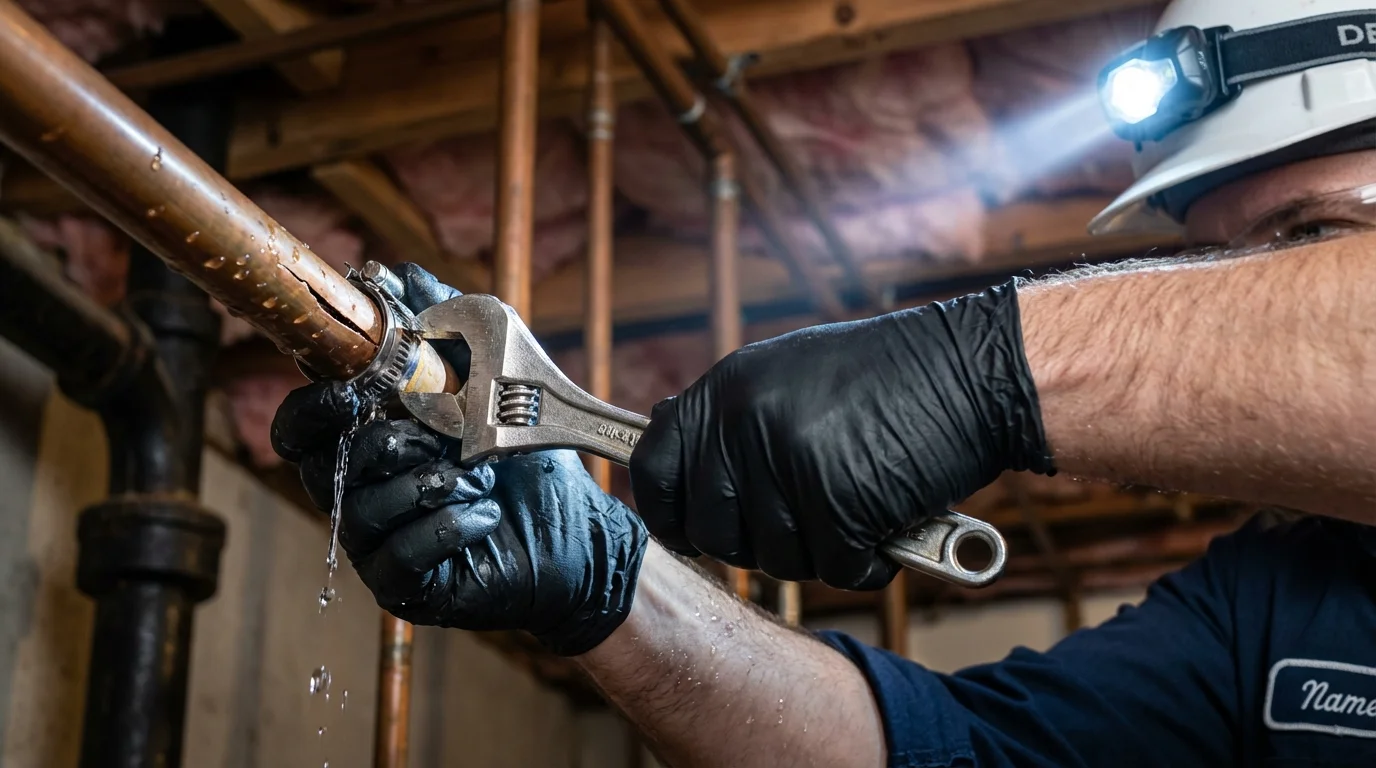 Emergency pipe clamp repair being performed by a Johns Plumbing LLC plumber in Mastic