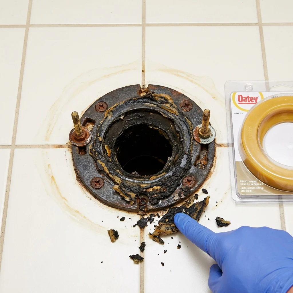 Failed wax ring showing water seepage at the base of a toilet in a Mastic, NY home