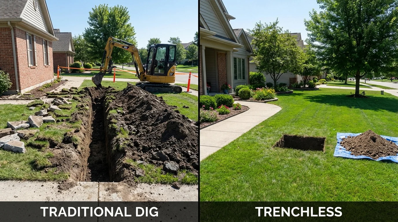 Trenchless sewer repair with minimal yard damage versus traditional excavation in Mastic, NY