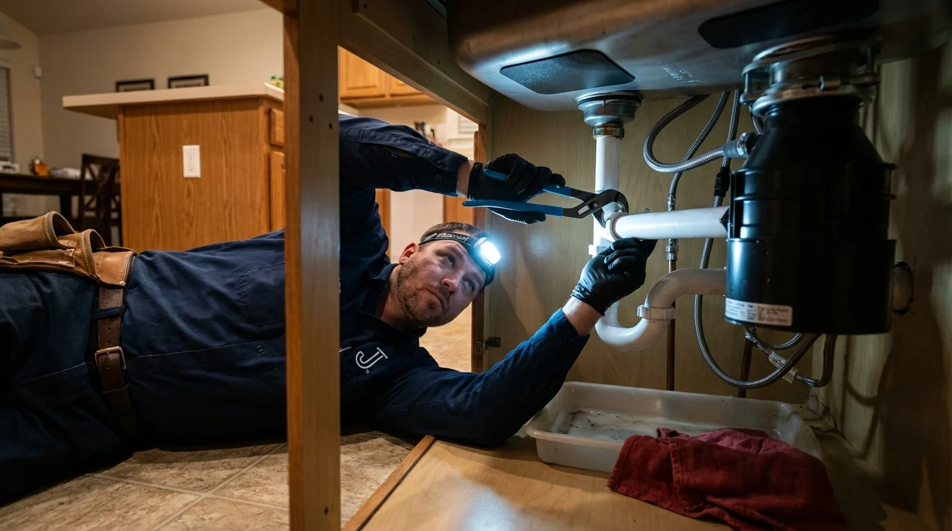 P-trap and supply line connections under a kitchen sink showing a common leak point in Mastic, NY